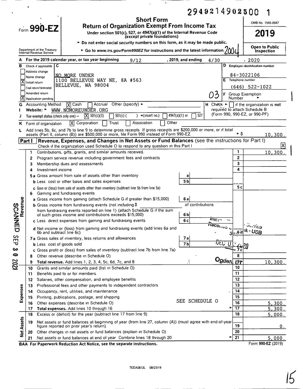 Image of first page of 2019 Form 990EZ for No More Under