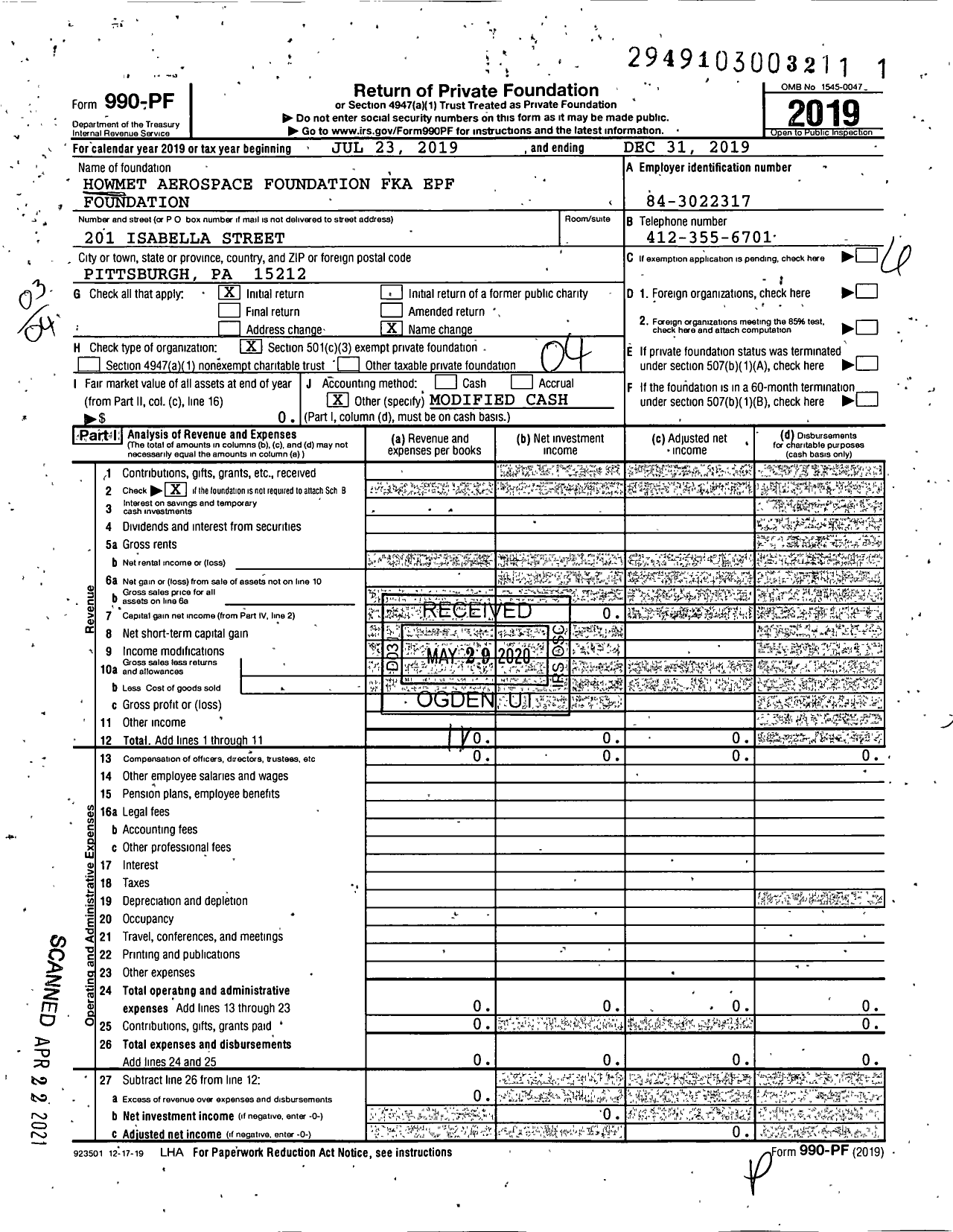 Image of first page of 2019 Form 990PF for Howmet Aerospace Foundation