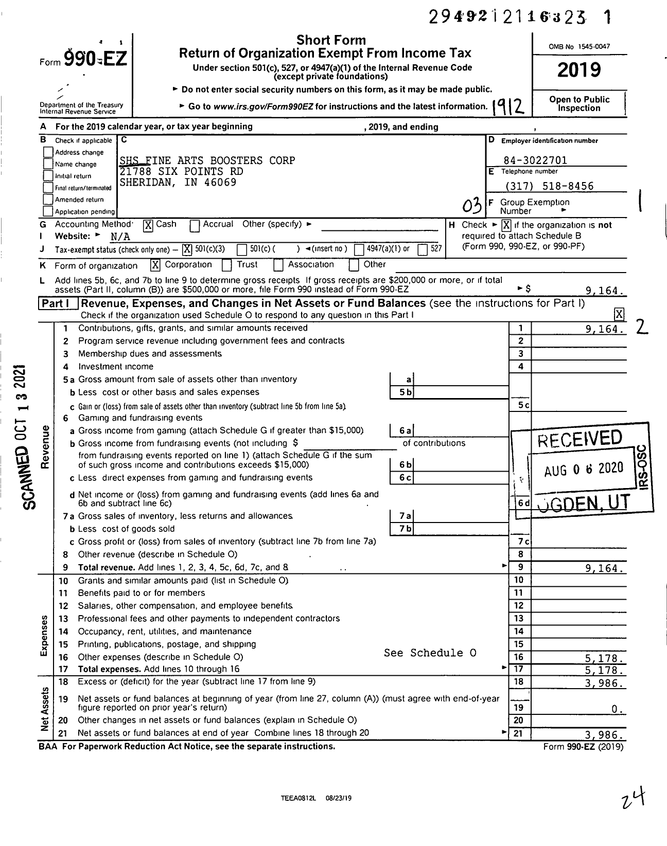 Image of first page of 2019 Form 990EZ for SHS Fine Arts Boosters Corporation