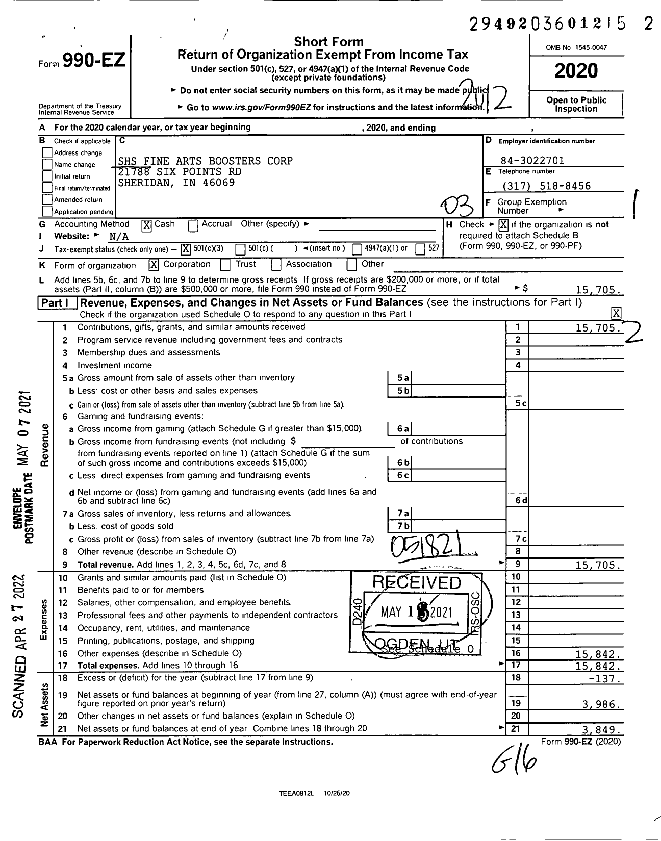 Image of first page of 2020 Form 990EZ for SHS Fine Arts Boosters Corporation