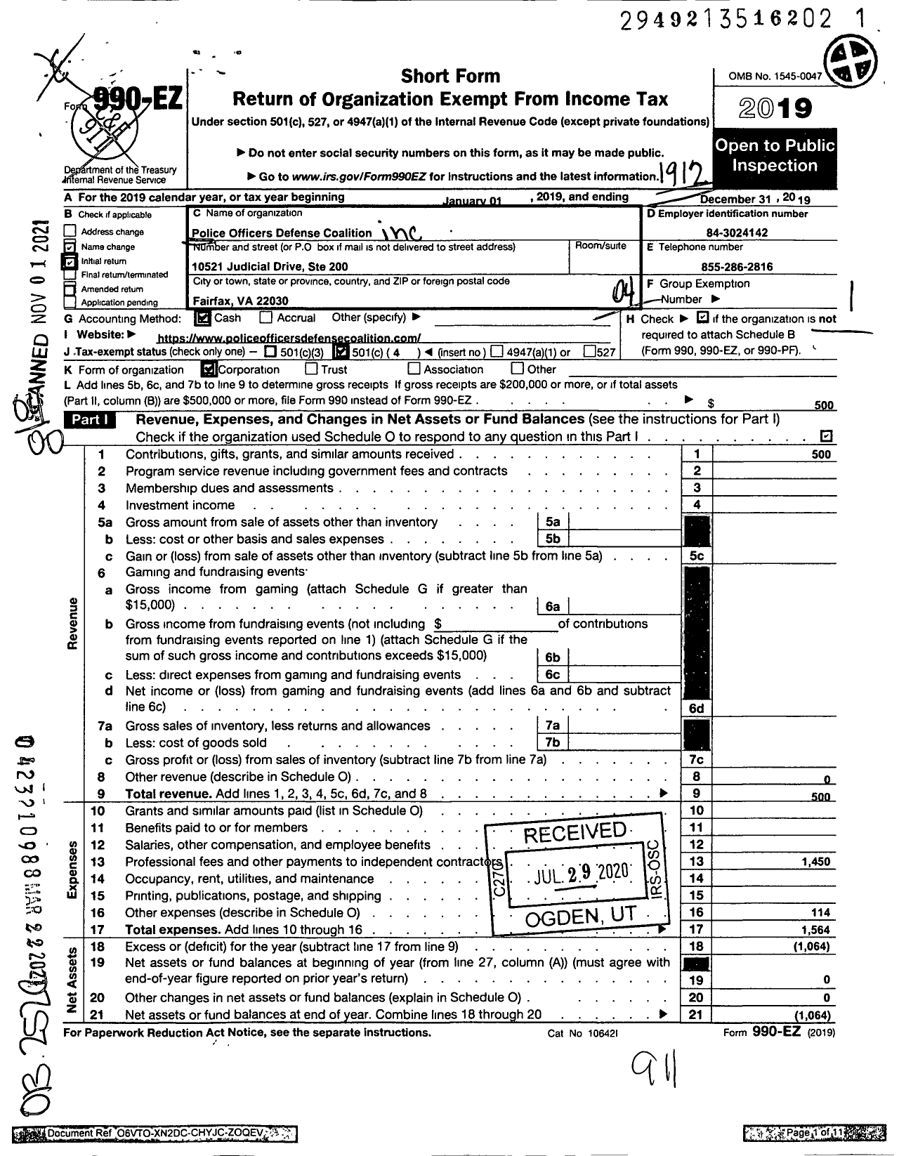 Image of first page of 2019 Form 990EO for Police Officers Defense Coalition