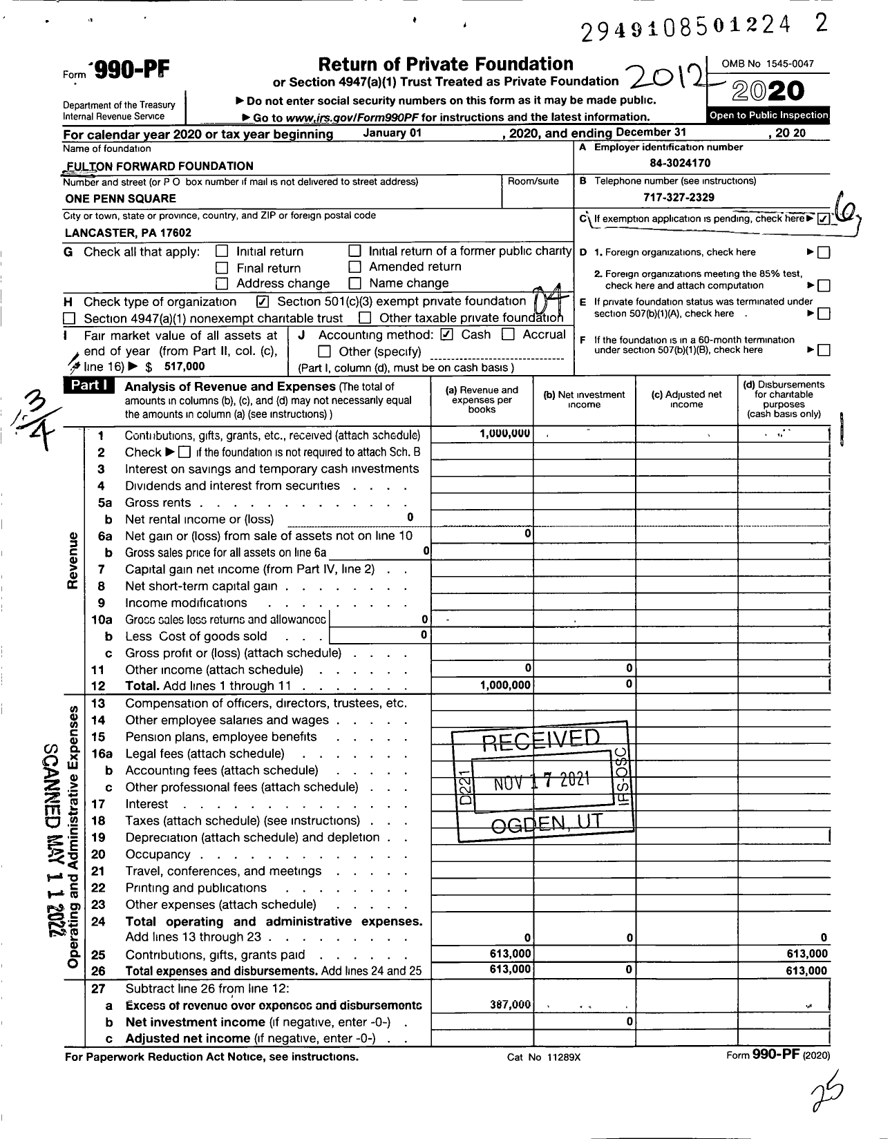 Image of first page of 2020 Form 990PF for Fulton Forward Foundation