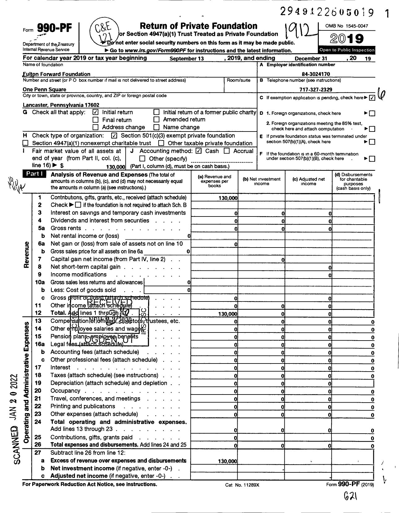 Image of first page of 2019 Form 990PF for Fulton Forward Foundation