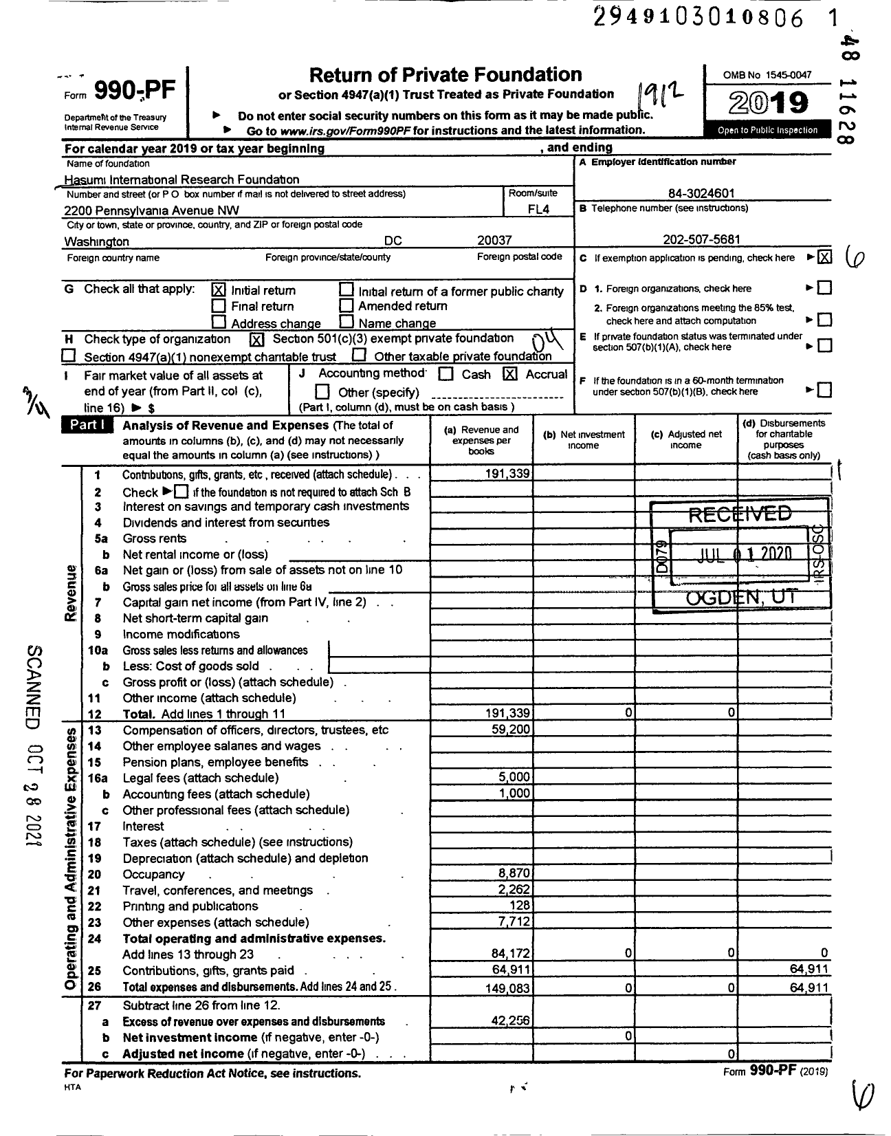 Image of first page of 2019 Form 990PF for Hasumi International Research Foundation