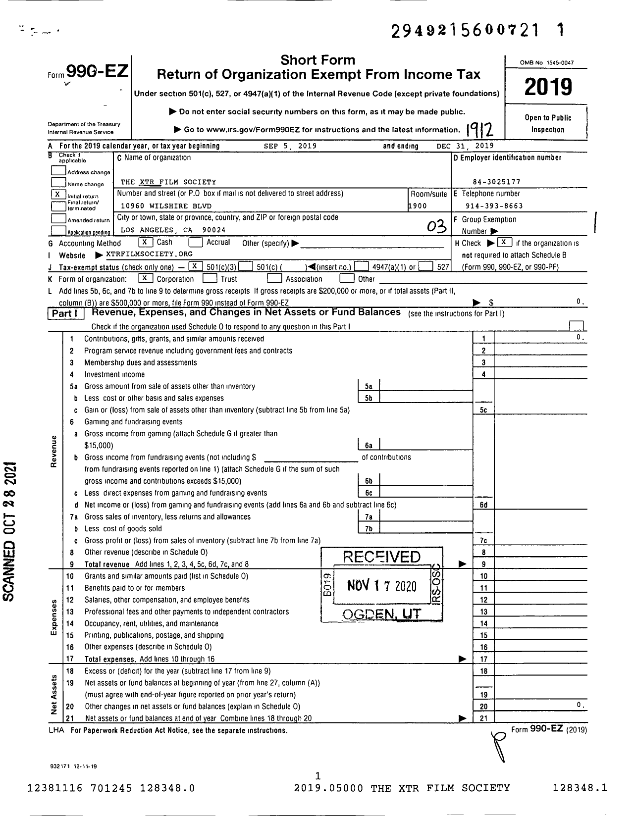 Image of first page of 2019 Form 990EZ for The XTR Film Society