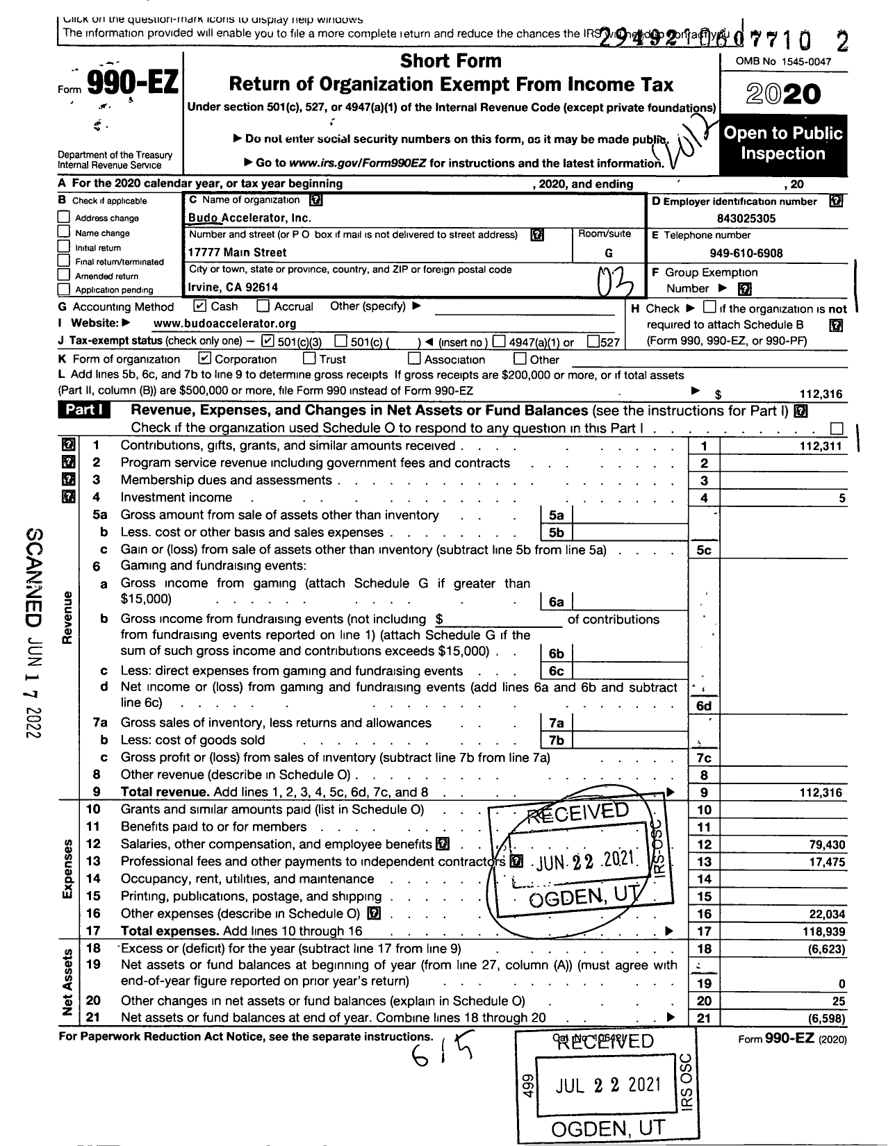 Image of first page of 2020 Form 990EZ for Budo Accelerator