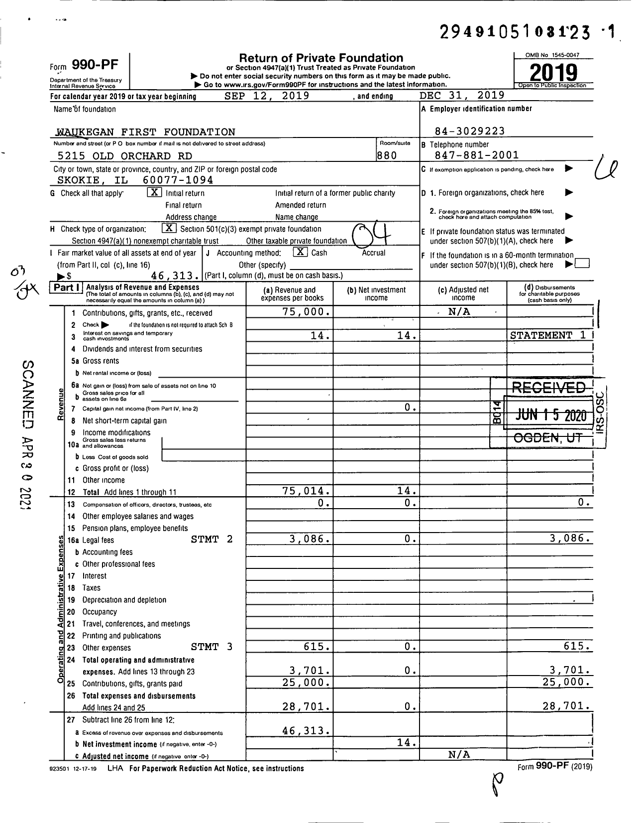 Image of first page of 2019 Form 990PF for Waukegan First Foundation