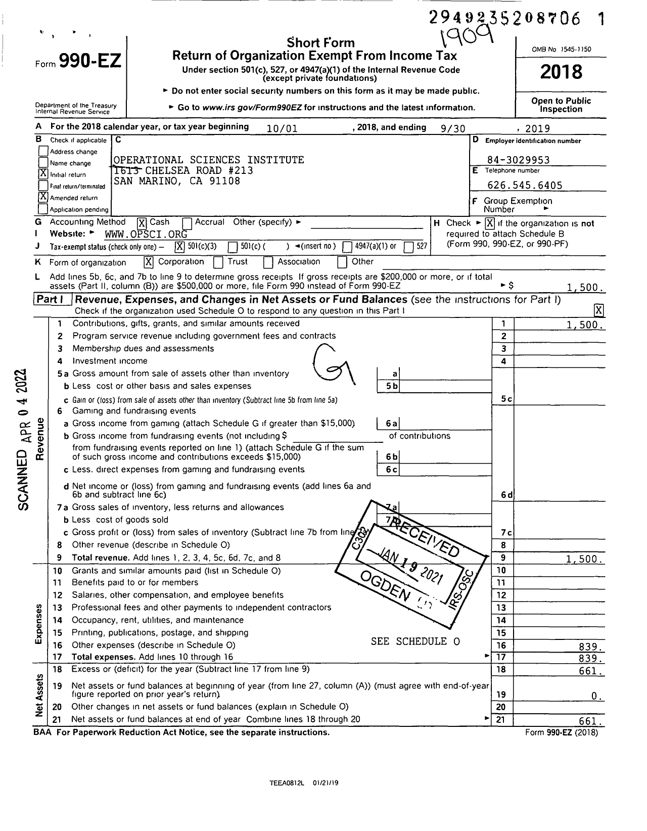 Image of first page of 2018 Form 990EZ for Operational Sciences Institute