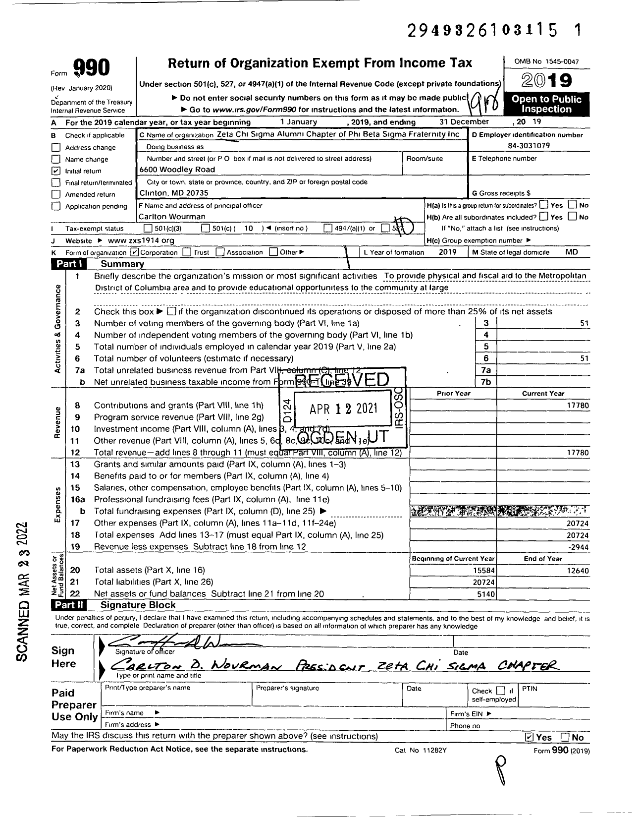 Image of first page of 2019 Form 990O for Zeta Chi Sigma Alumni Chapter of Phi Beta Sigma Fraternity