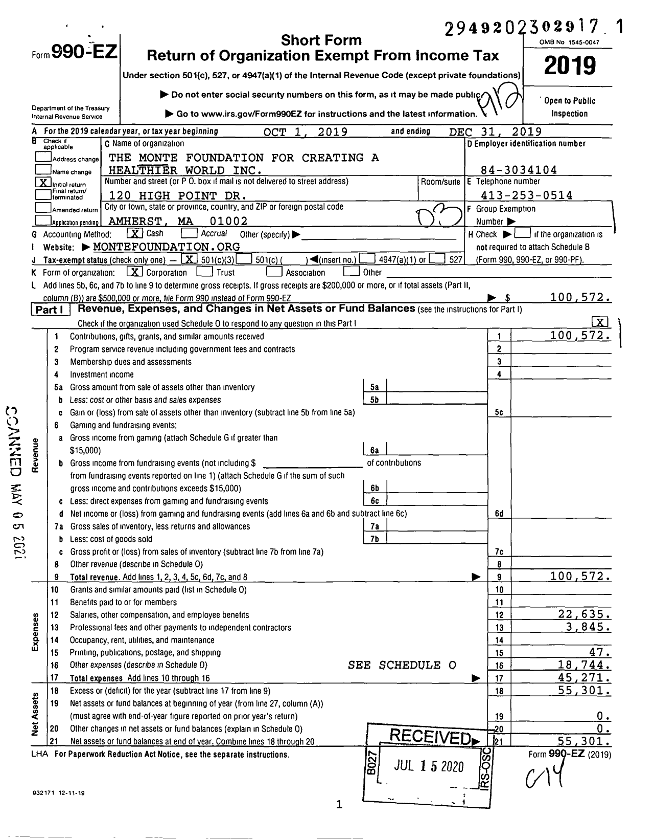 Image of first page of 2019 Form 990EZ for The Monte Foundation for Creating A Healthier World