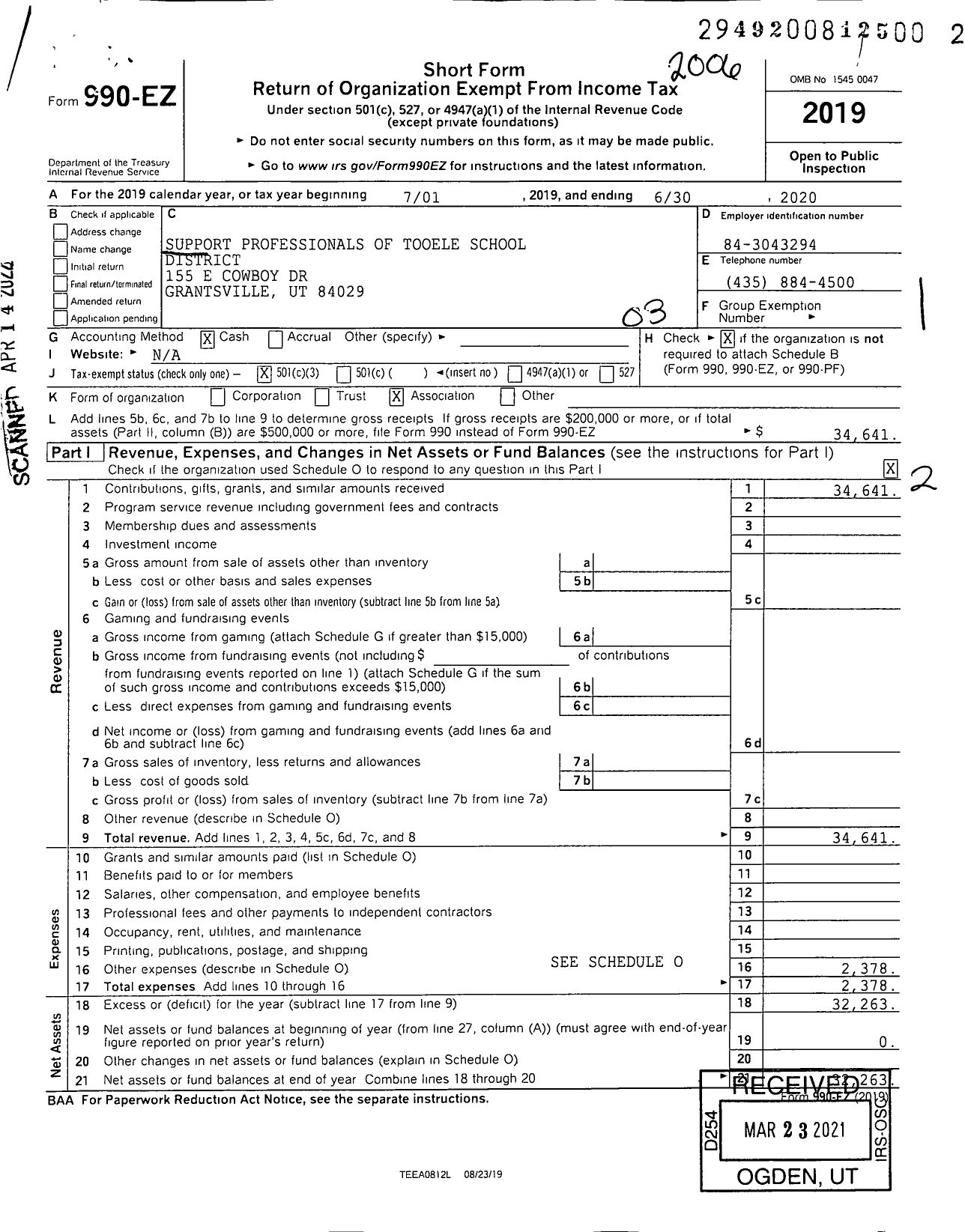 Image of first page of 2019 Form 990EZ for Support Professionals of Tooele School District