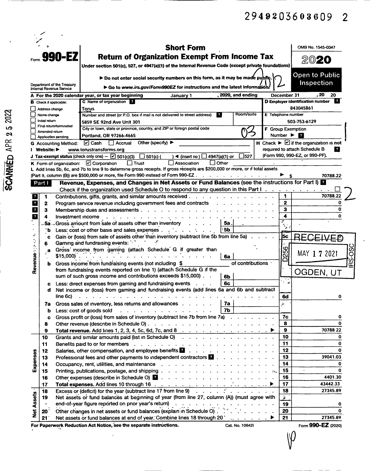 Image of first page of 2020 Form 990EZ for Torus