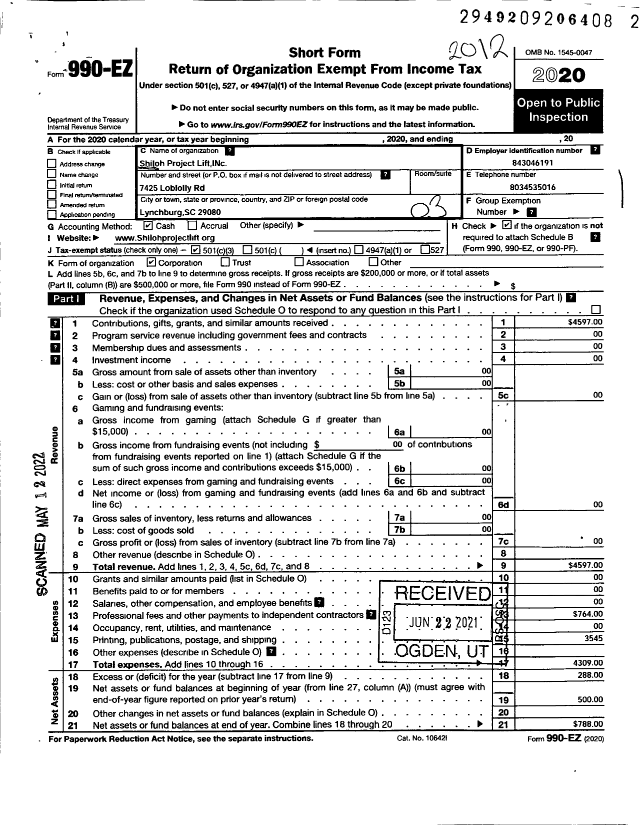 Image of first page of 2020 Form 990EZ for Shiloh Project Lift Iinc