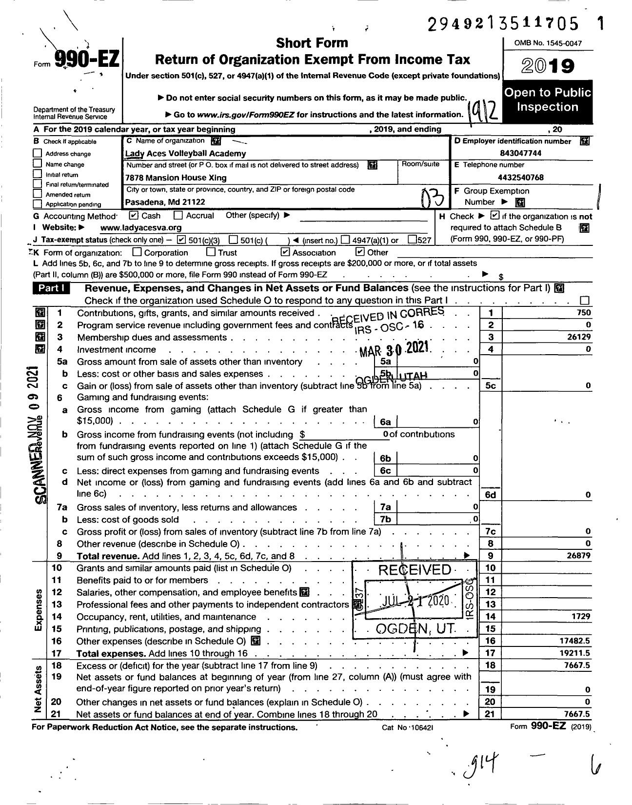 Image of first page of 2019 Form 990EZ for AMATEUR ATHLETIC UNION - Lady Aces Volleyball Academy