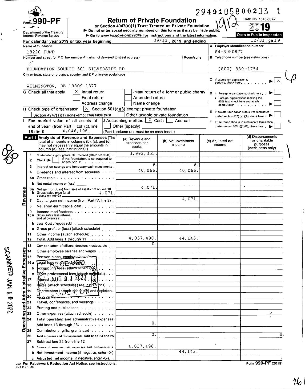 Image of first page of 2019 Form 990PF for 18220 Fund