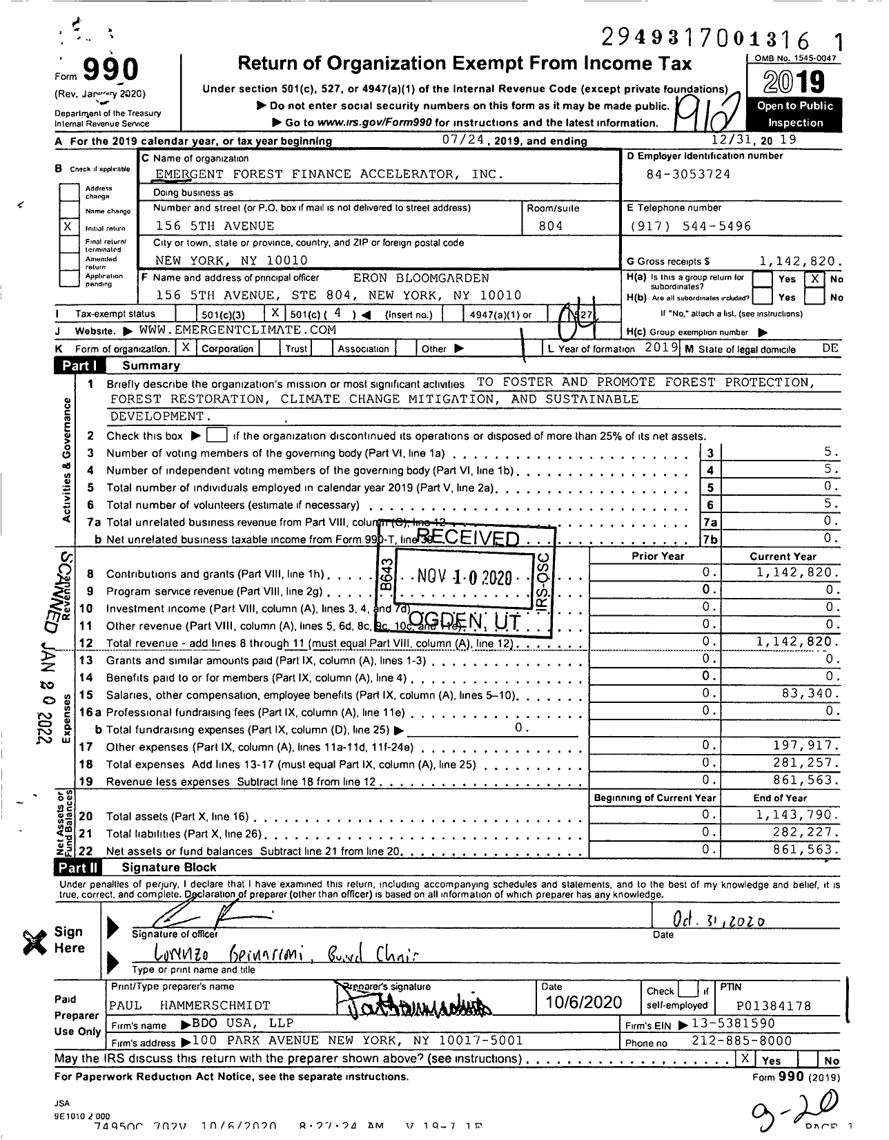 Image of first page of 2019 Form 990O for Emergent Forest Finance Accelerator