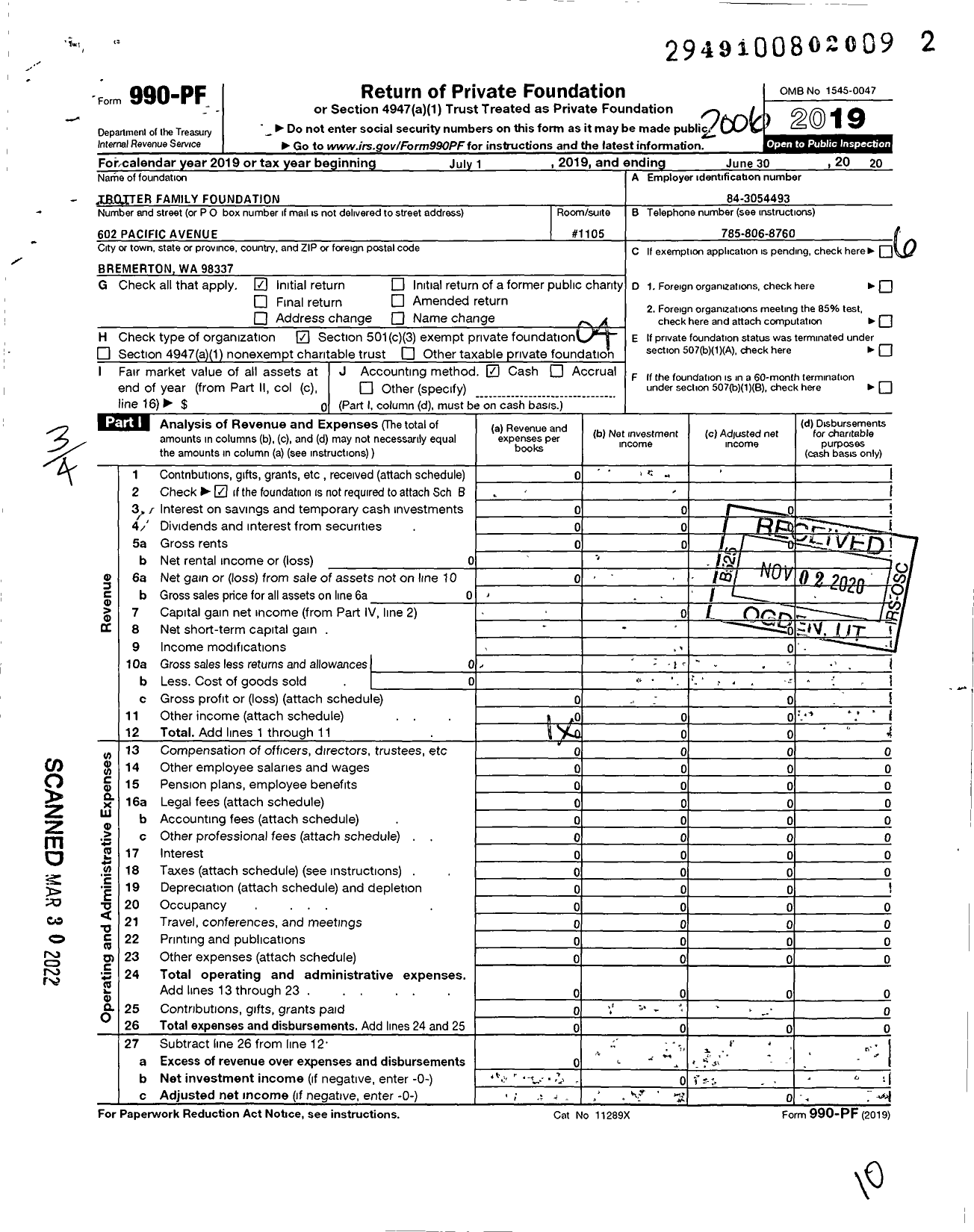 Image of first page of 2019 Form 990PF for Trotter Family Foundation