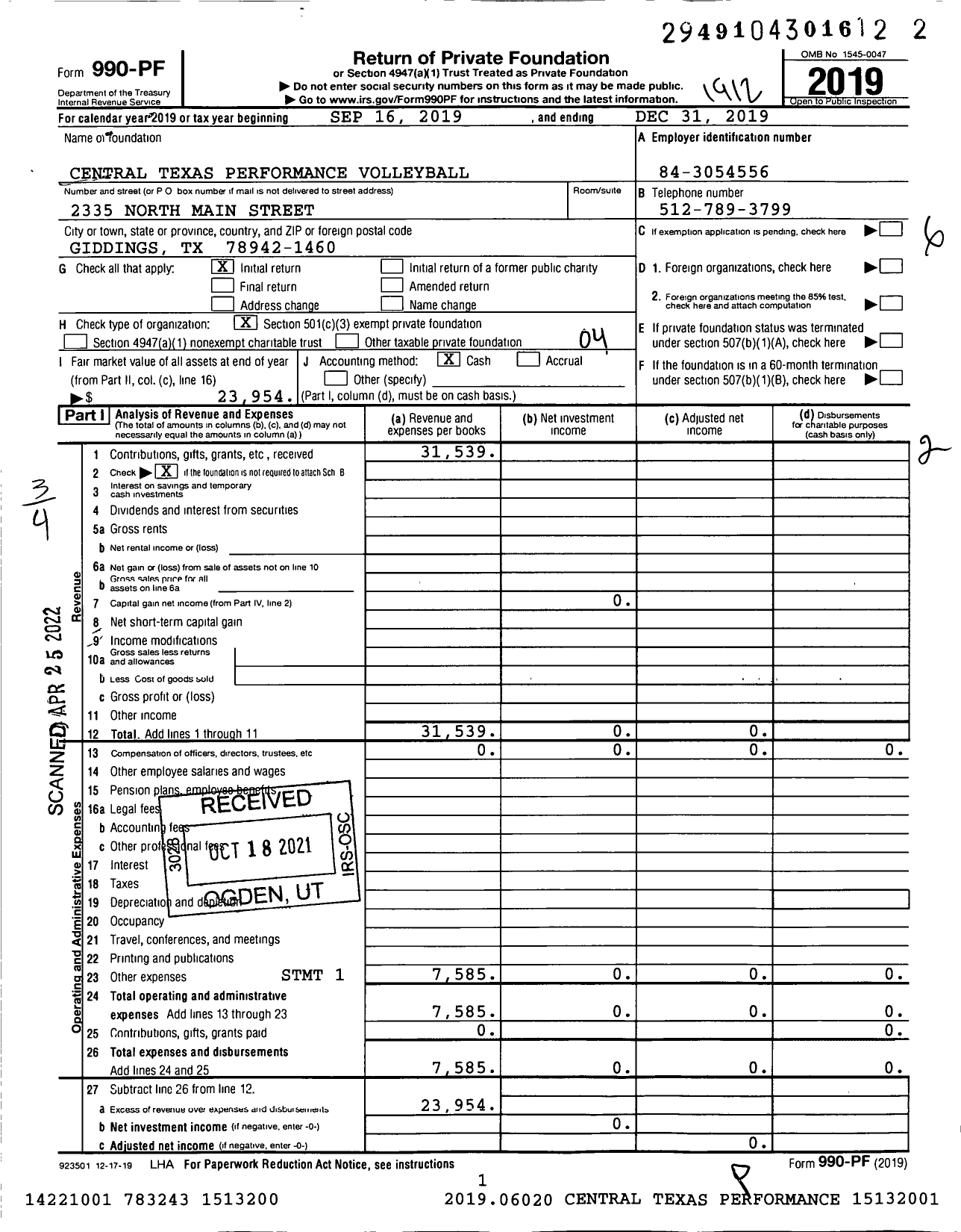 Image of first page of 2019 Form 990PF for Central Texas Performance Volleyball