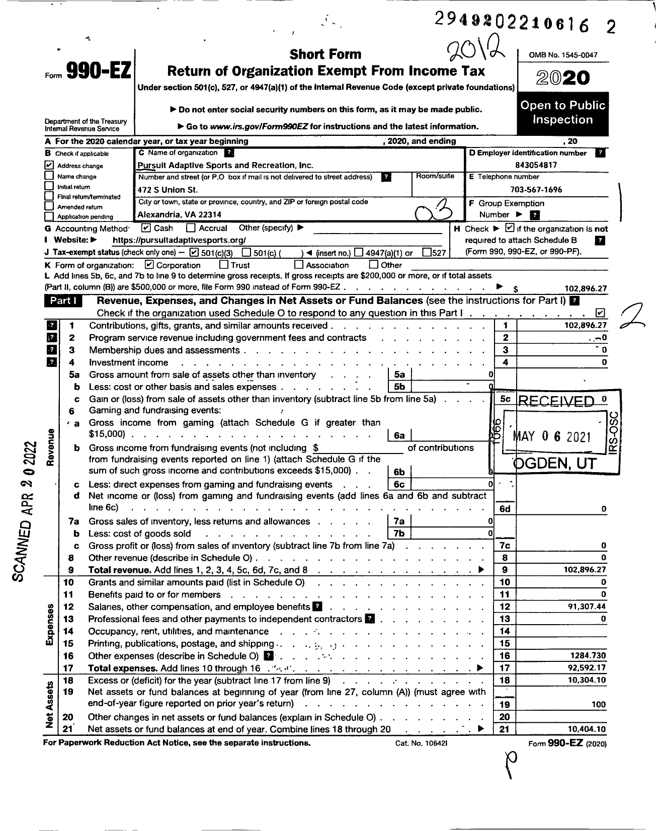 Image of first page of 2020 Form 990EZ for Pursuit Adaptive Sports and Recreation