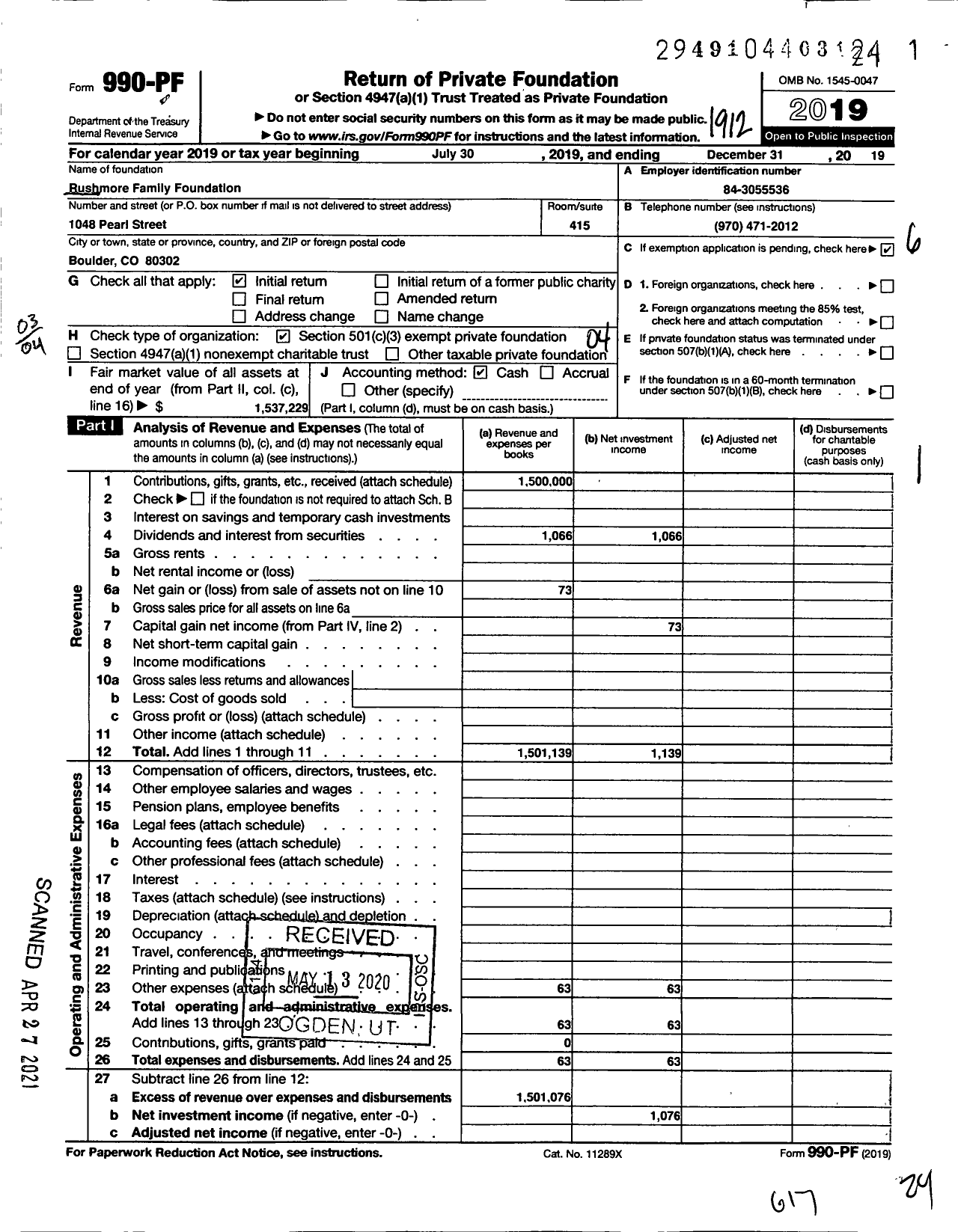 Image of first page of 2019 Form 990PF for Rushmore Family Foundation