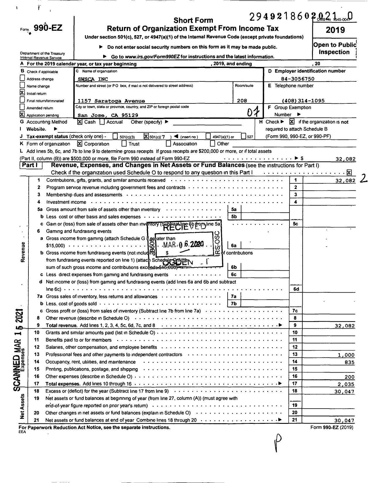 Image of first page of 2019 Form 990EO for Swsca