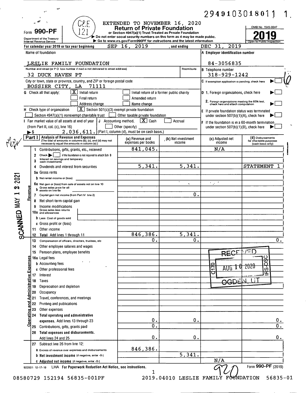 Image of first page of 2019 Form 990PF for Leslie Family Foundation