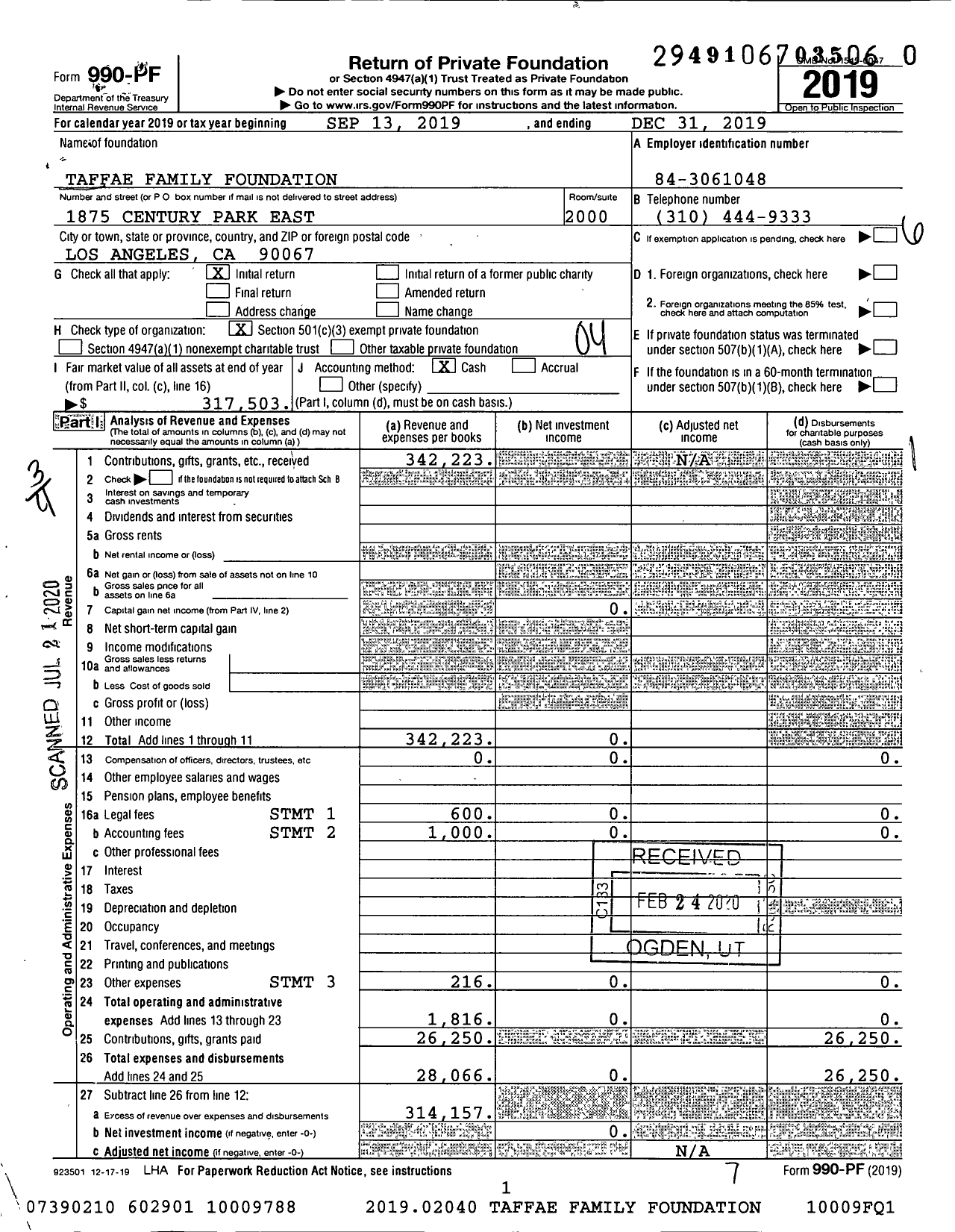 Image of first page of 2019 Form 990PR for Taffae Family Foundation