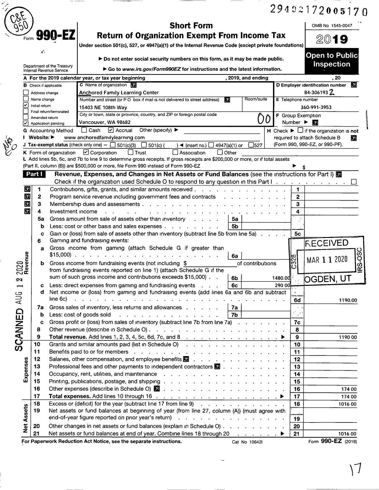 Image of first page of 2019 Form 990EO for Anchored Family Learning Center