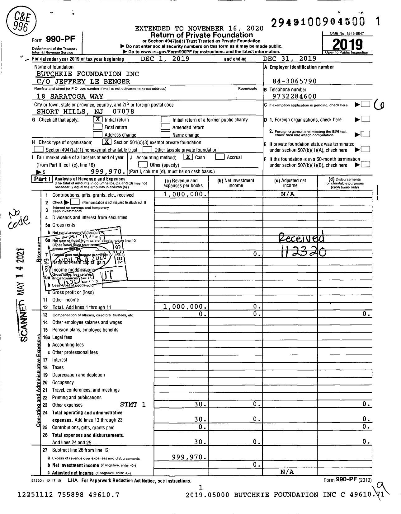 Image of first page of 2019 Form 990PF for Butchkie Foundation