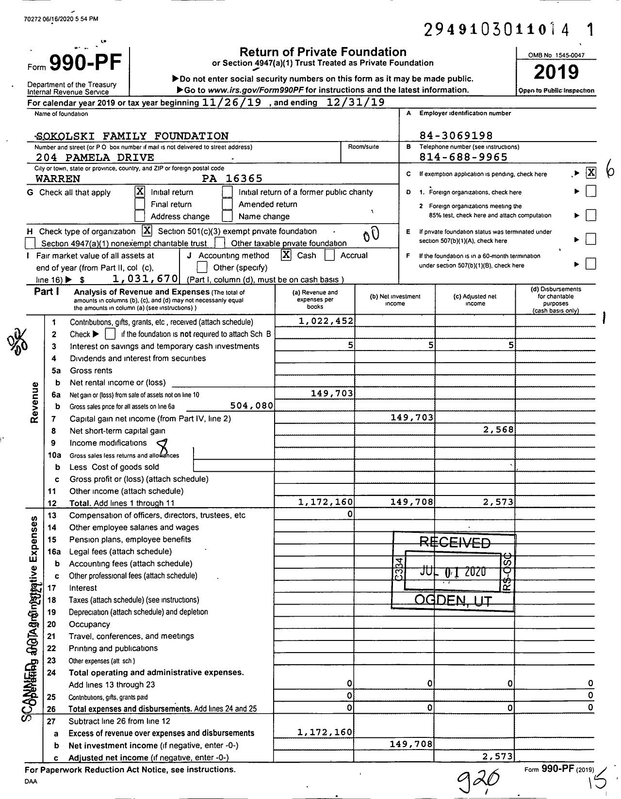 Image of first page of 2019 Form 990PF for Sokolski Family Foundation