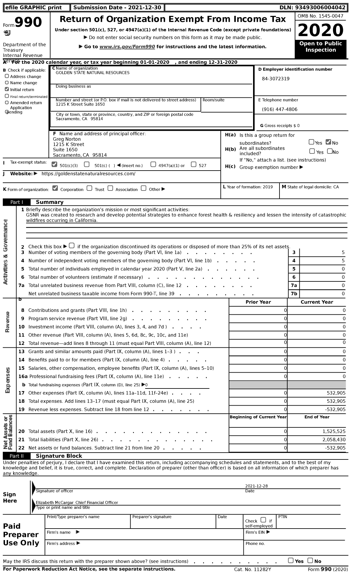 Image of first page of 2020 Form 990 for Golden State Natural Resources