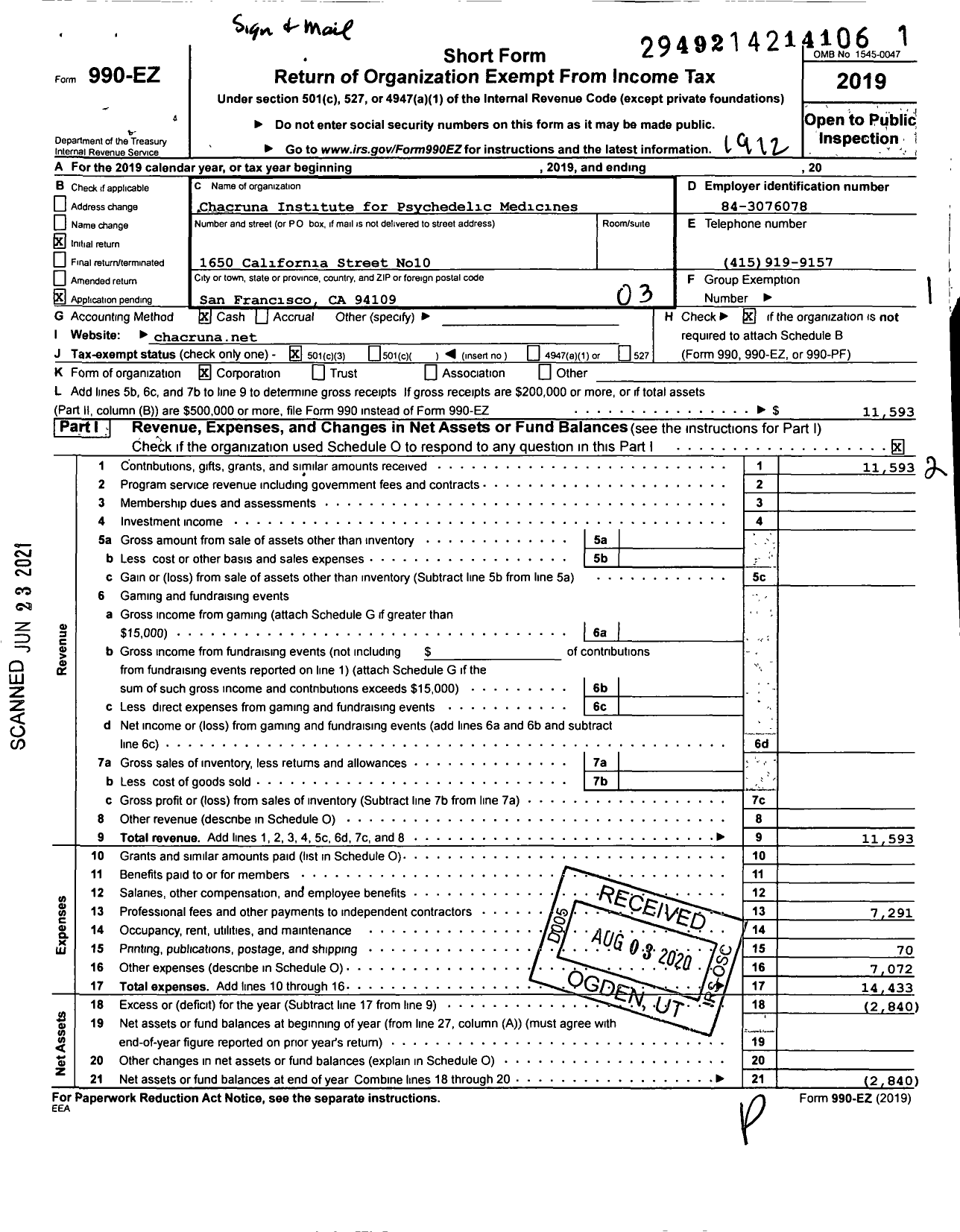 Image of first page of 2019 Form 990EZ for Chacruna Institute for Psychedelic Plant