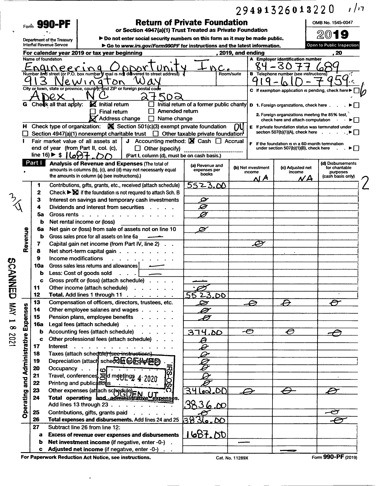 Image of first page of 2019 Form 990PF for Engineering Opportunity