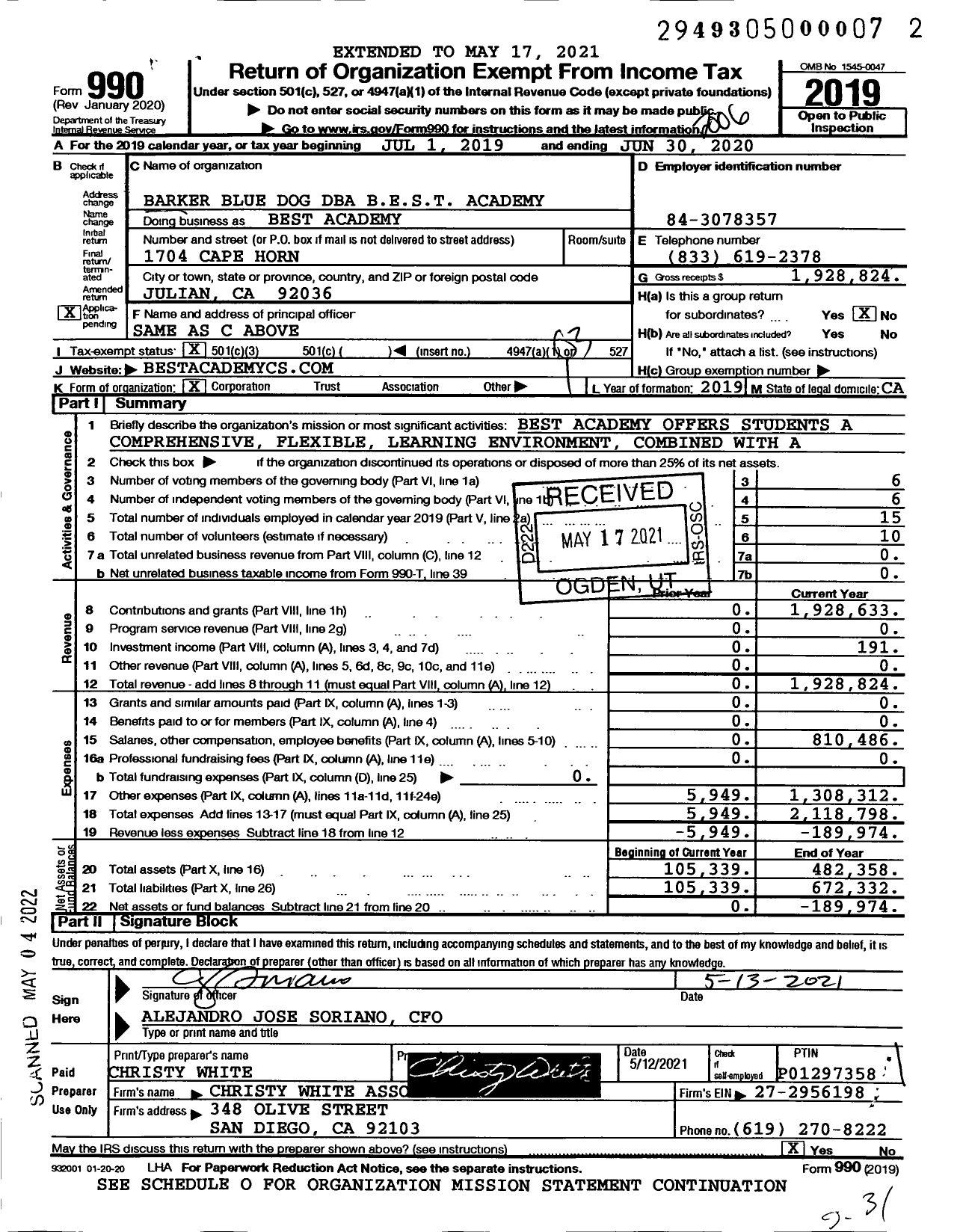 Image of first page of 2019 Form 990 for Best Academy