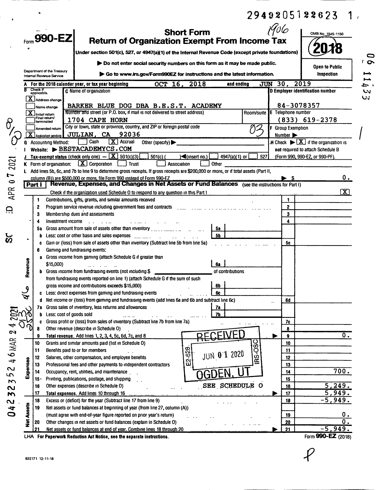 Image of first page of 2018 Form 990EO for Best Academy