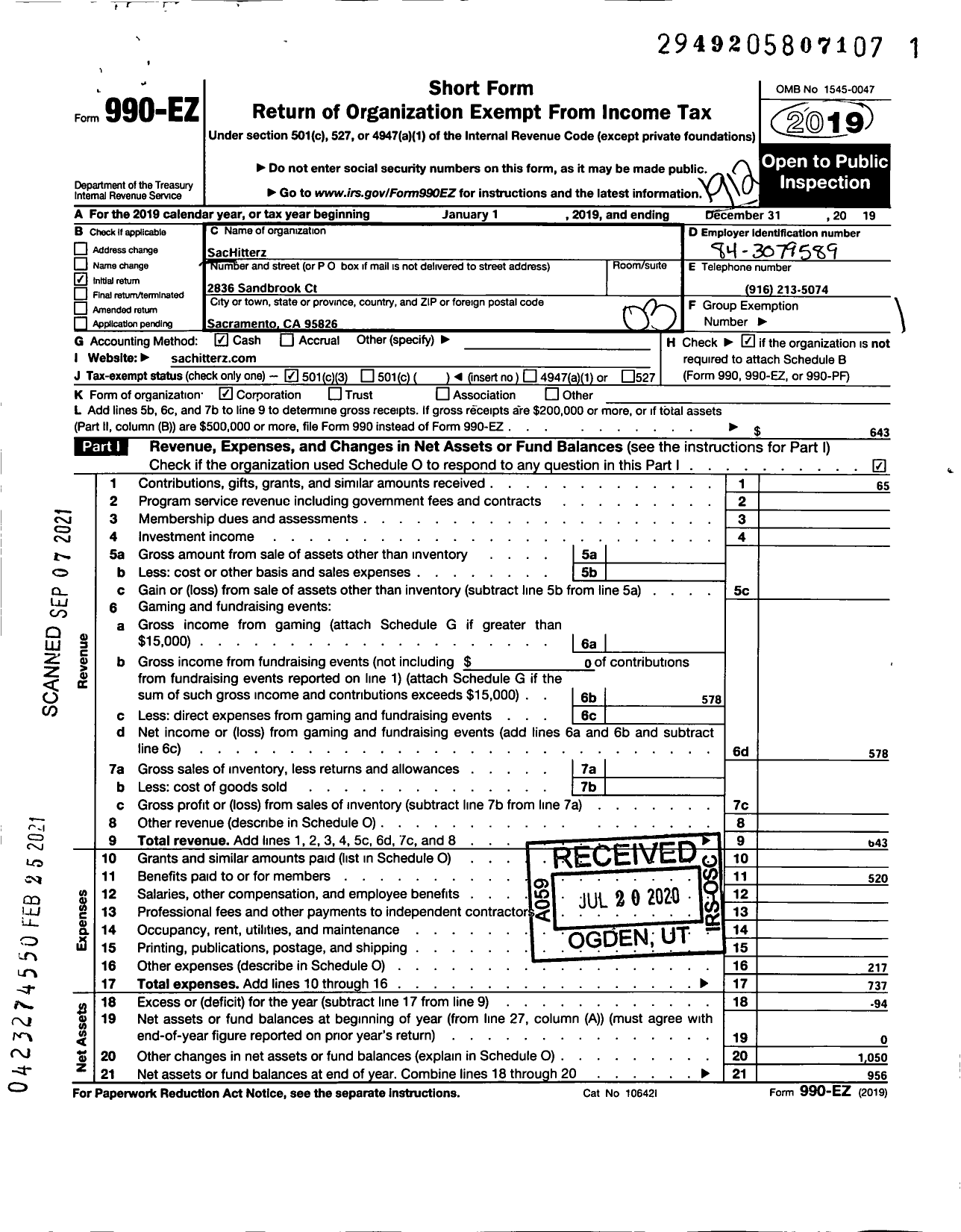 Image of first page of 2019 Form 990EZ for Sachitterz