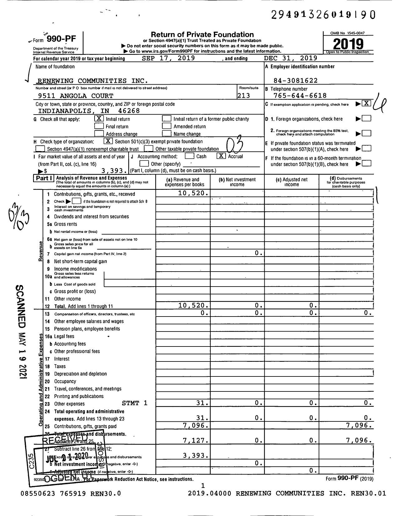 Image of first page of 2019 Form 990PF for Renewing Communities