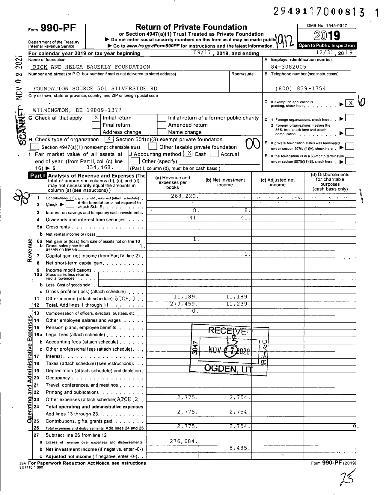 Image of first page of 2019 Form 990PF for Rick and Helga Bauerly Foundation
