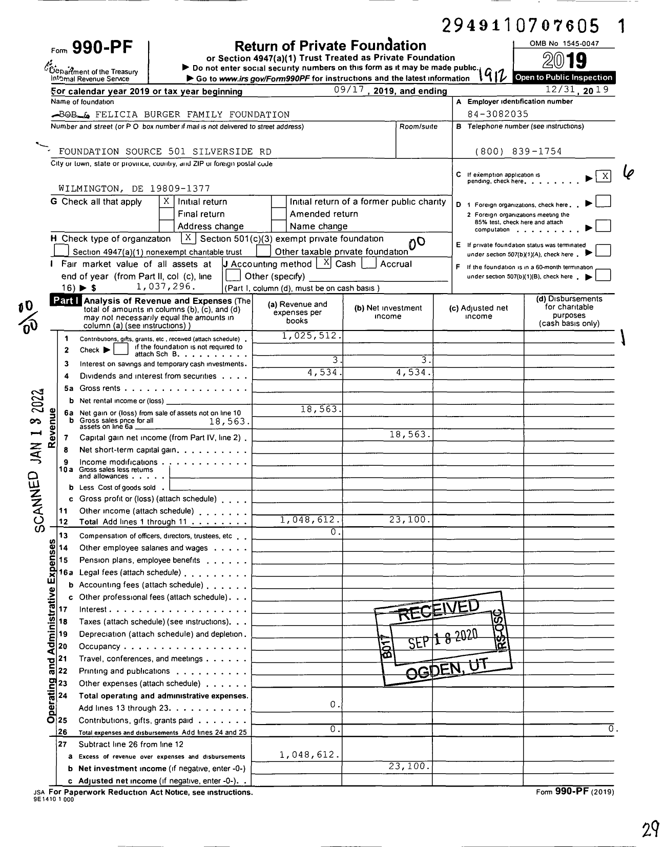 Image of first page of 2019 Form 990PF for Bob & Felicia Burger Family Foundation