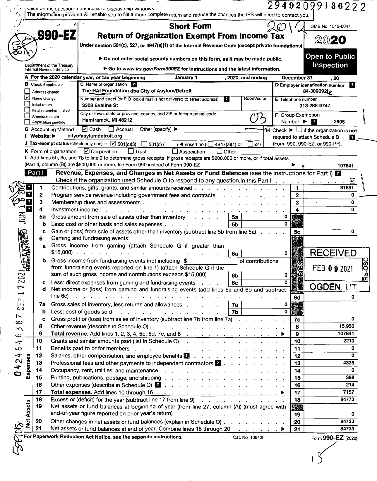 Image of first page of 2020 Form 990EZ for Hai Foundation