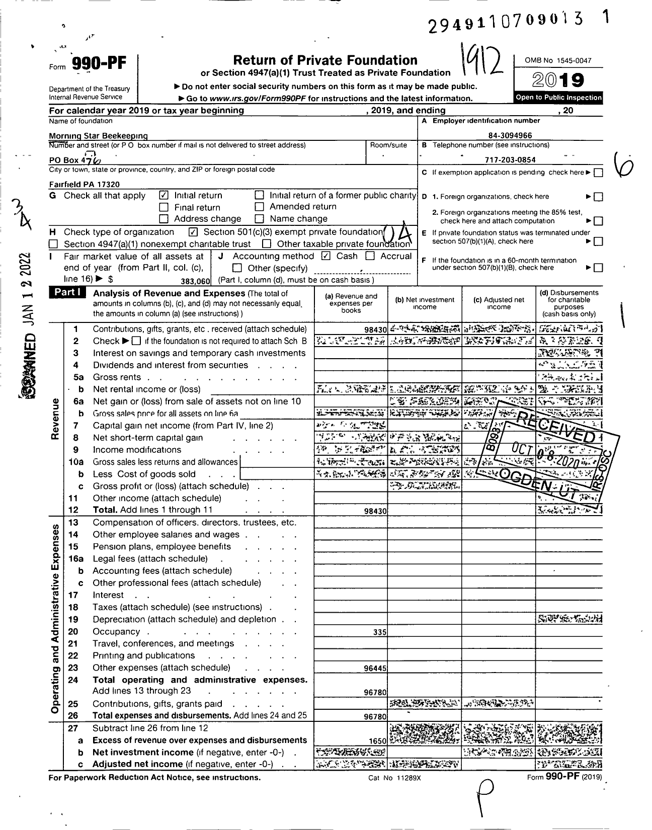 Image of first page of 2019 Form 990PF for Morning Star Beekeeping