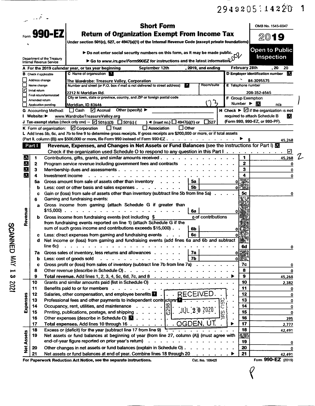 Image of first page of 2019 Form 990EZ for Wardrobe Treasure Valley Corporation