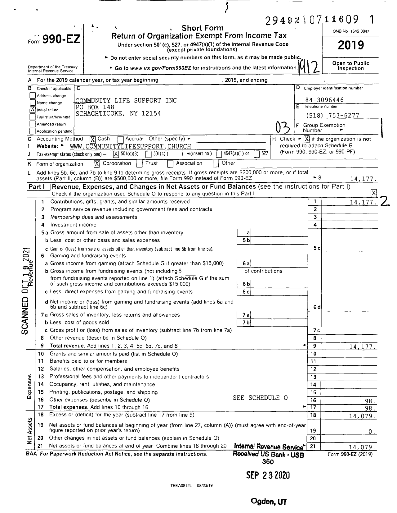 Image of first page of 2019 Form 990EZ for Community Life Support