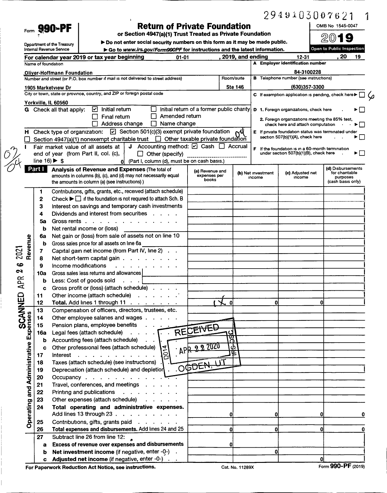 Image of first page of 2019 Form 990PF for Oliver-Hoffmann Foundation