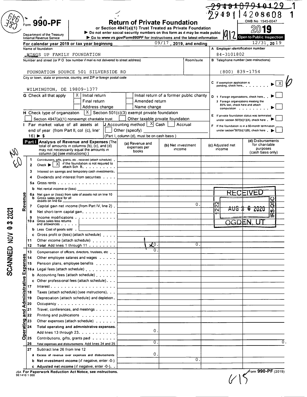 Image of first page of 2019 Form 990PF for Wings Up Family Foundation