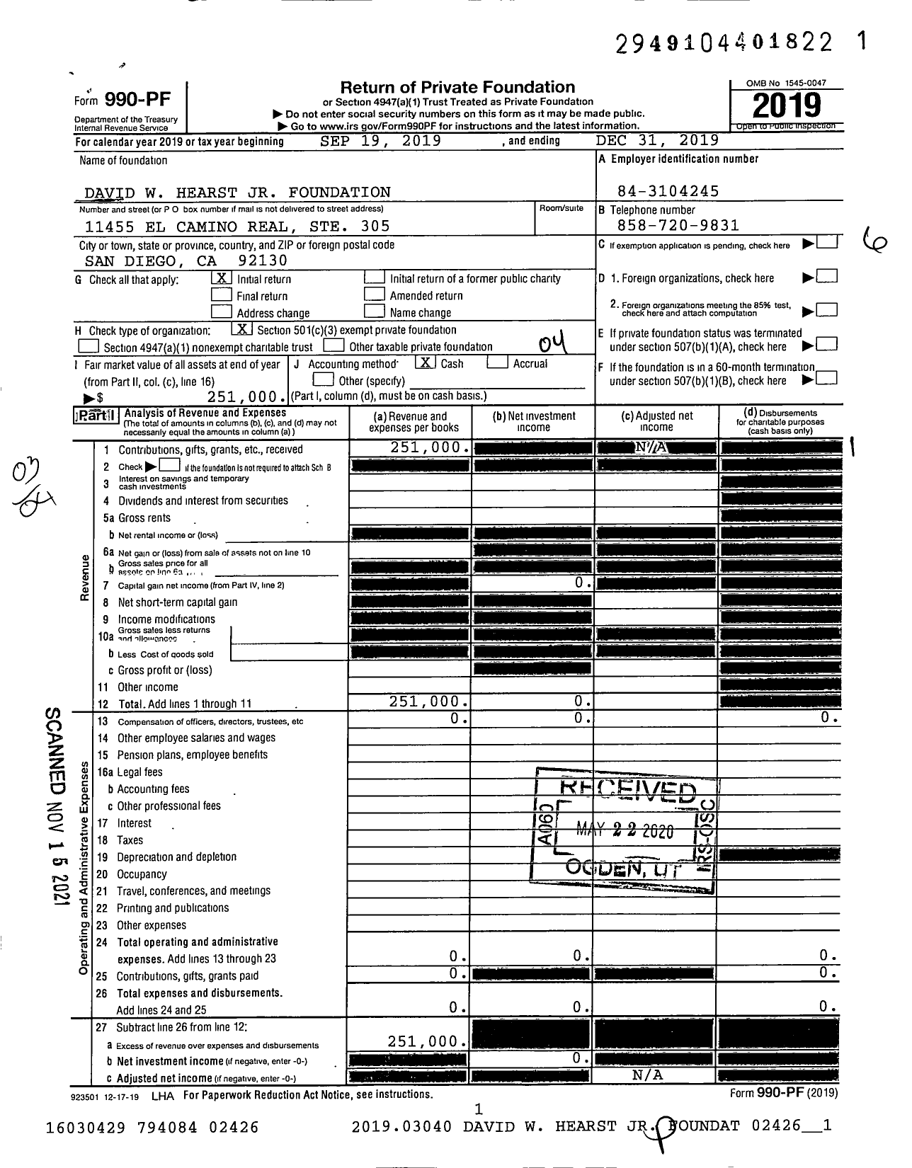 Image of first page of 2019 Form 990PF for David W Hearst JR Foundation