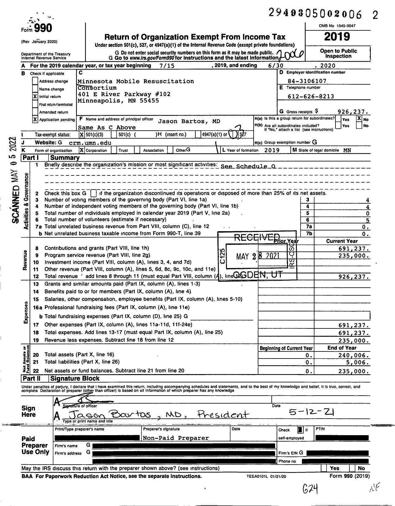 Image of first page of 2019 Form 990 for Minnesota Mobile Resuscitation Consortium