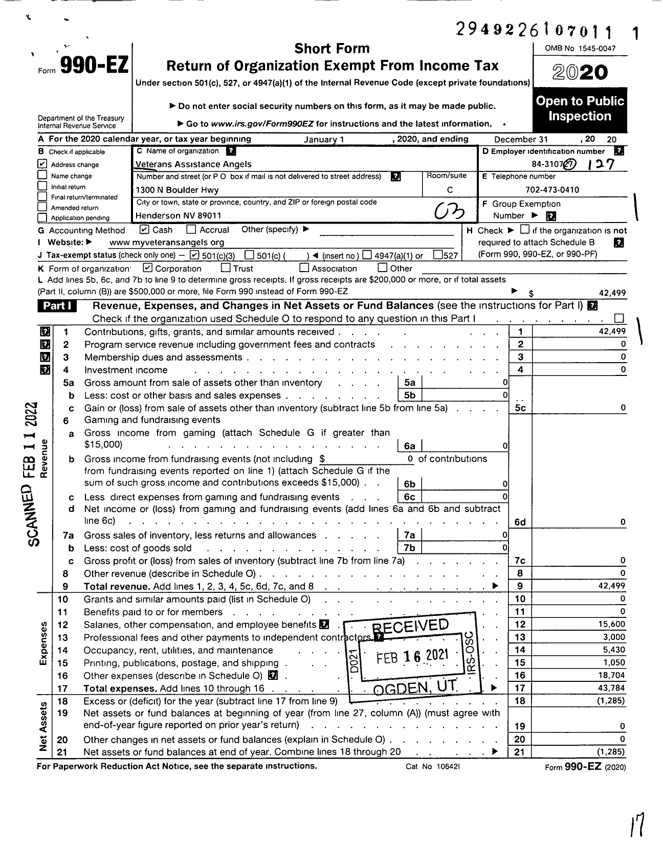 Image of first page of 2020 Form 990EZ for Veterans Assistance Angels