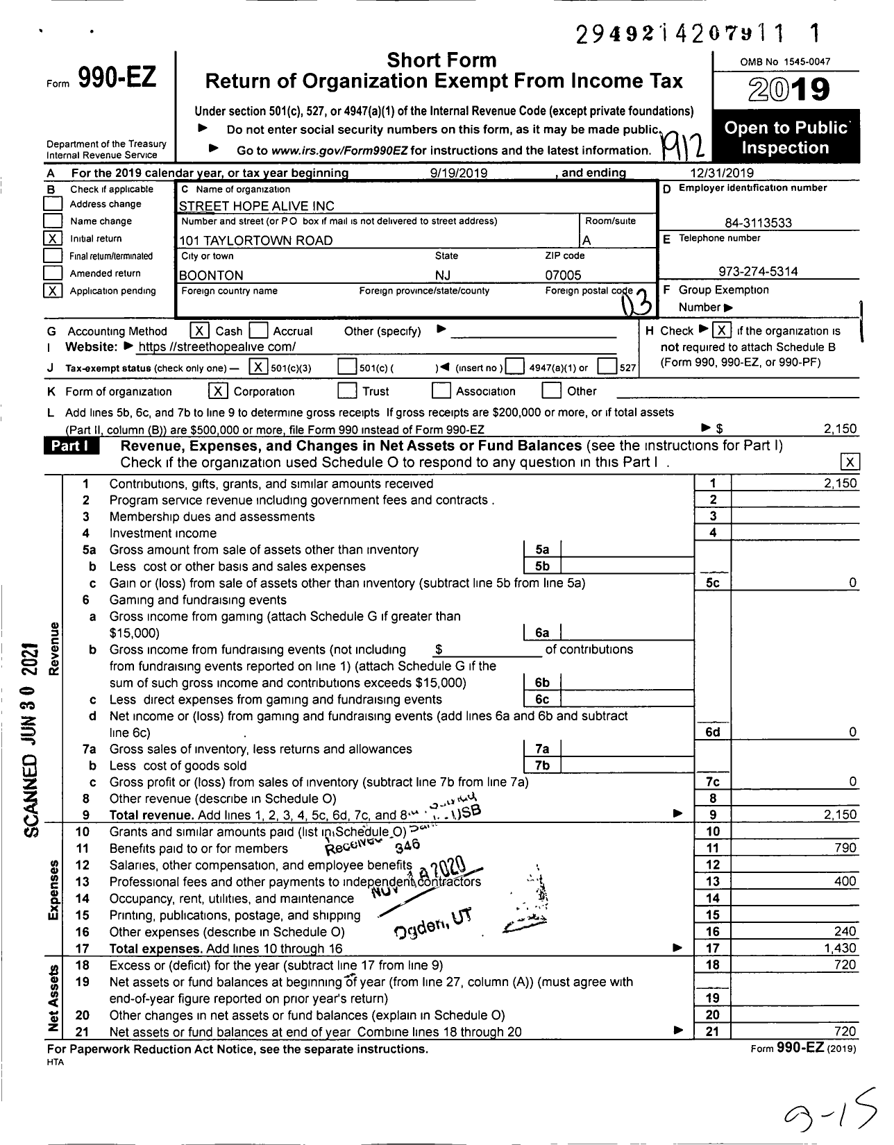 Image of first page of 2019 Form 990EZ for Street Hope Alive