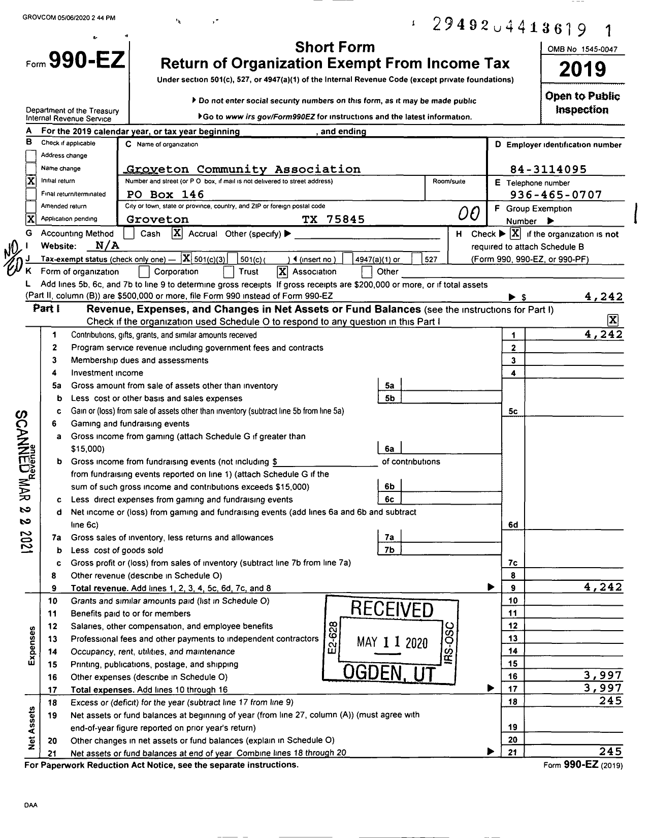 Image of first page of 2019 Form 990EO for Groveton Community Association